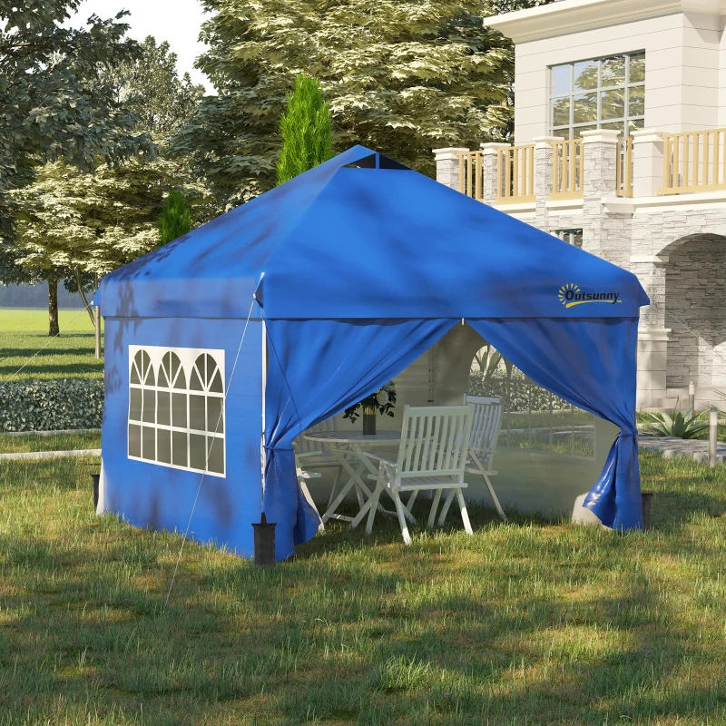 Outsunny Carpa Plegable 3x3 m con Altura Ajustable de 3 Niveles Cenador de Jardín con 4 Paredes Extraíbles 2 Ventanas 4 Sacos de Arena y Bolsa de Transporte Gazebo para Exterior Camping Azul