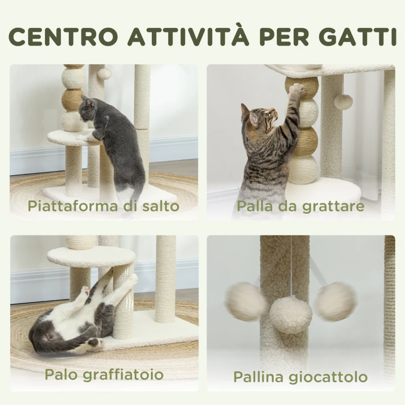 PawHut Torre per Gatti con Lettino, Piattaforma e Pallina Giocattolo, in Legno, Peluche e Iuta, 48.5x40x76 cm, Beige