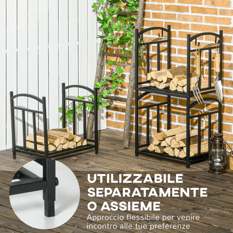 Outsunny Portalegna da Esterno e Interno a 3 Livelli Separabili in Metallo con Ganci per Attrezzi, Nero