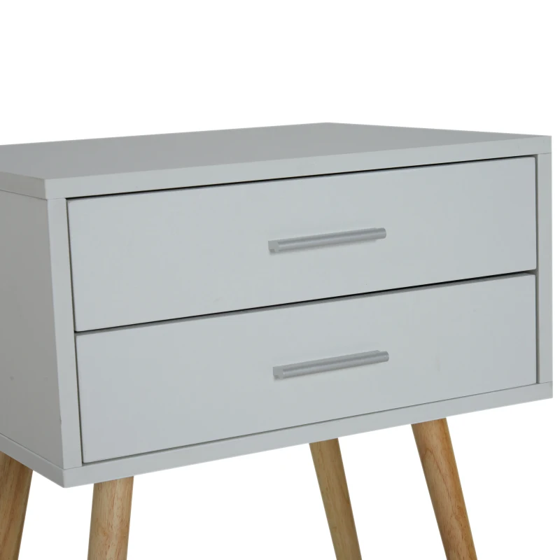 HOMCOM Table de chevet table de nuit design scandinave 48L x 40l x 60H cm 2 tiroirs pieds effilés inclinés bois massif panneaux particules blanc