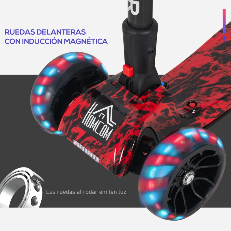 HOMCOM Patinete para Niños Scooter Plegable con Altura Ajustable de 4 Niveles y Música Luces y Nebulizador de Agua +3 Años 62x27x63-81 cm Rojo