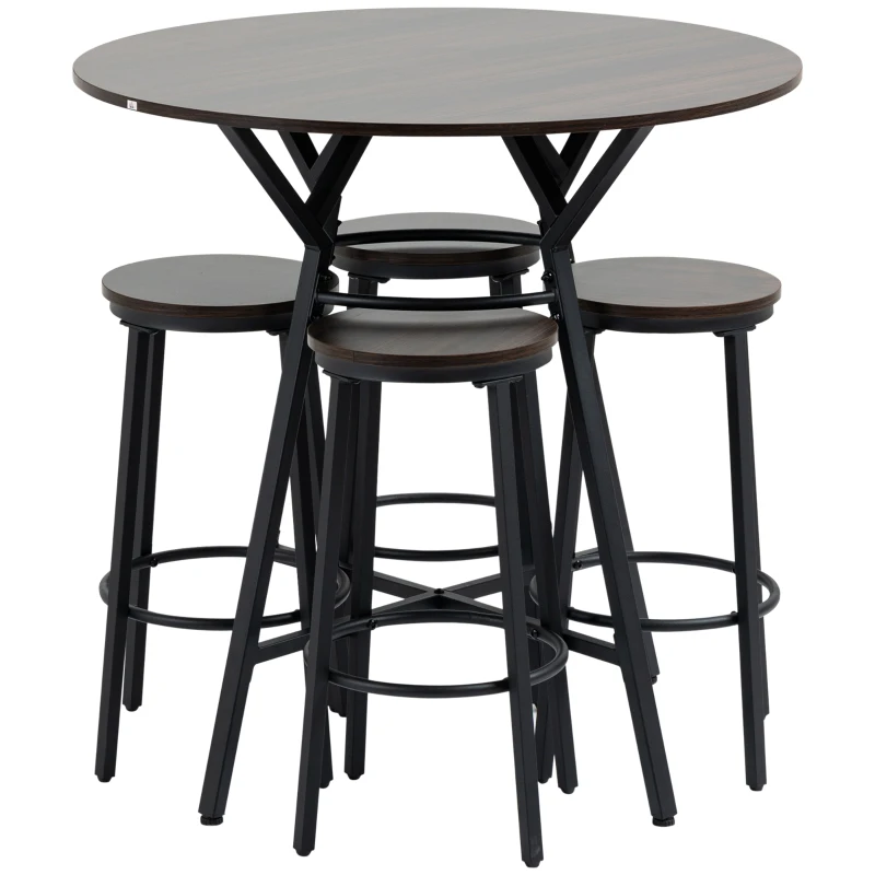 HOMCOM Set da Pranzo con Tavolo e 4 Sgabelli in Stile Industriale, Legno e Acciaio, Colore Noce