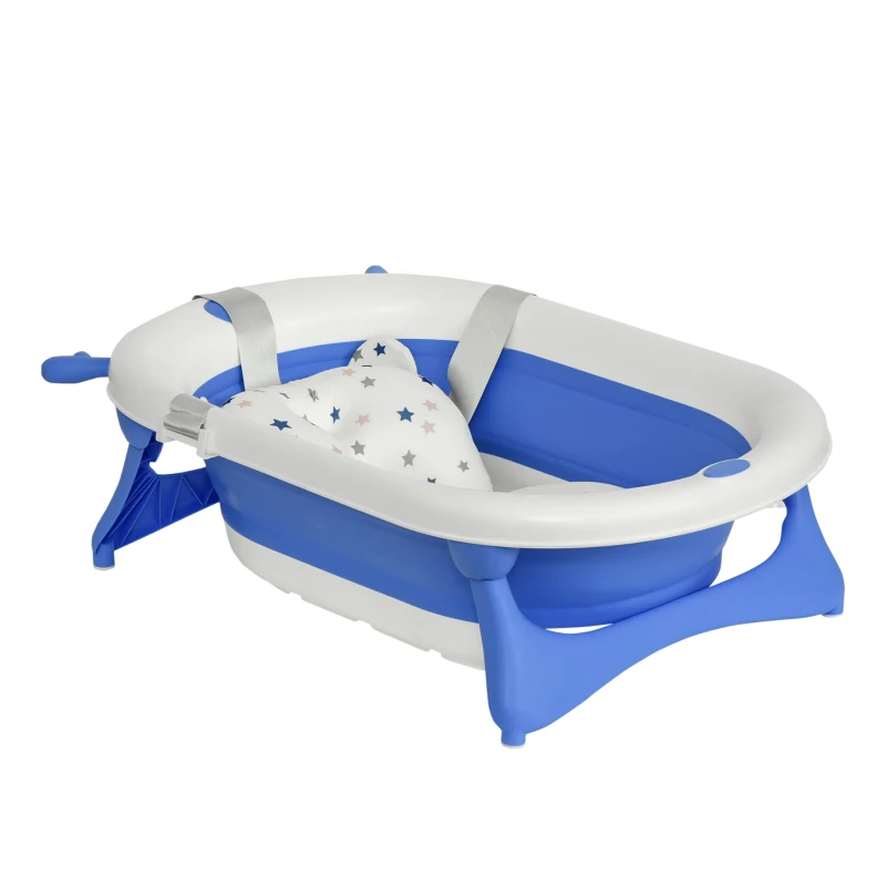 HOMCOM Bañera Plegable para Bebé Recién Nacido hasta 3 Años 81,5x50,5x23,5 cm con Tapón Termosensible Cojín Azul