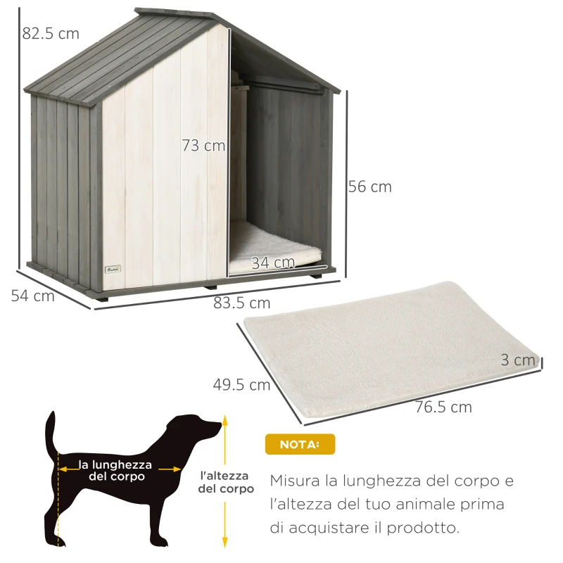 PawHut Cuccia per Cani a Casetta in Legno, per Animali Fino a 15kg, Grigio e Bianco
