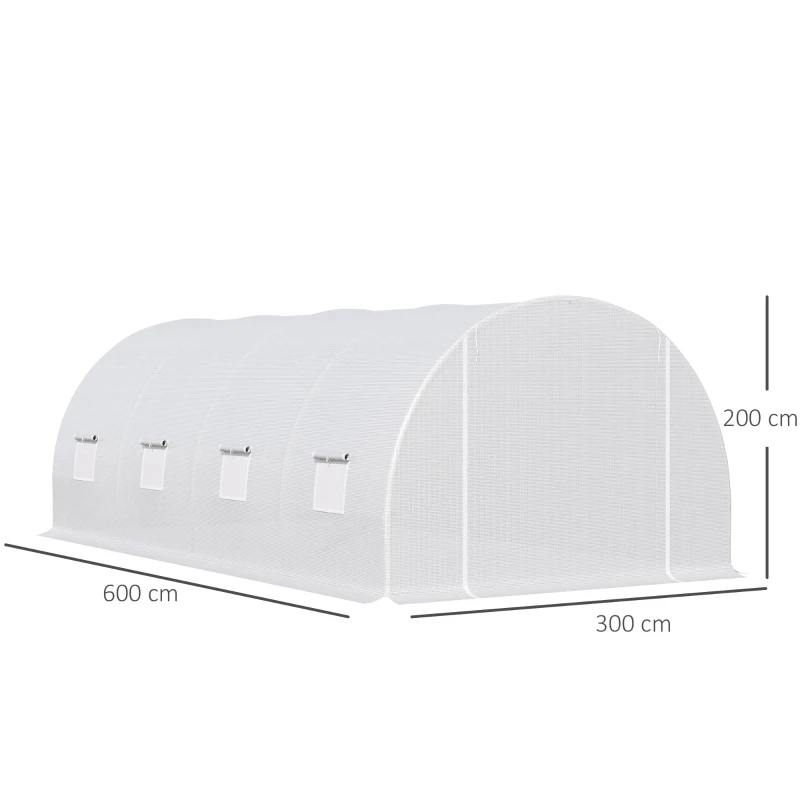 Outsunny Invernadero de Túnel 6x3x2m Invernadero de Terraza con 8 Ventanas Cubierta de Polietileno 140 g/m² Marco de Acero Blanco(m-3)