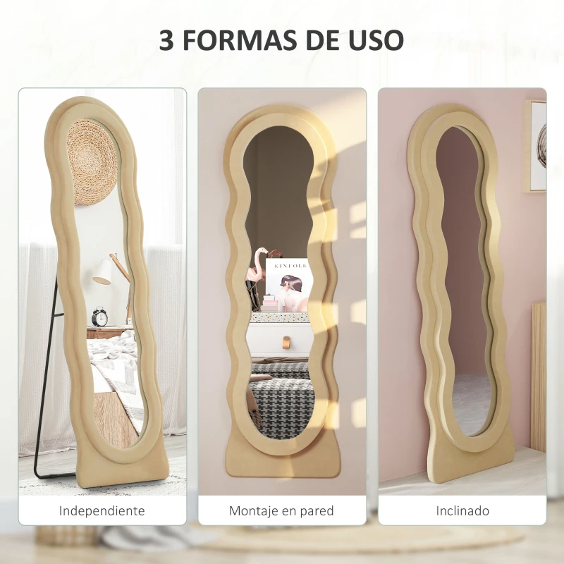 HOMCOM Espejo de Cuerpo Entero 160x50 cm Diseño Ondulado Marco con Tela de Terciopelo para Salón Dormitorio Beige
