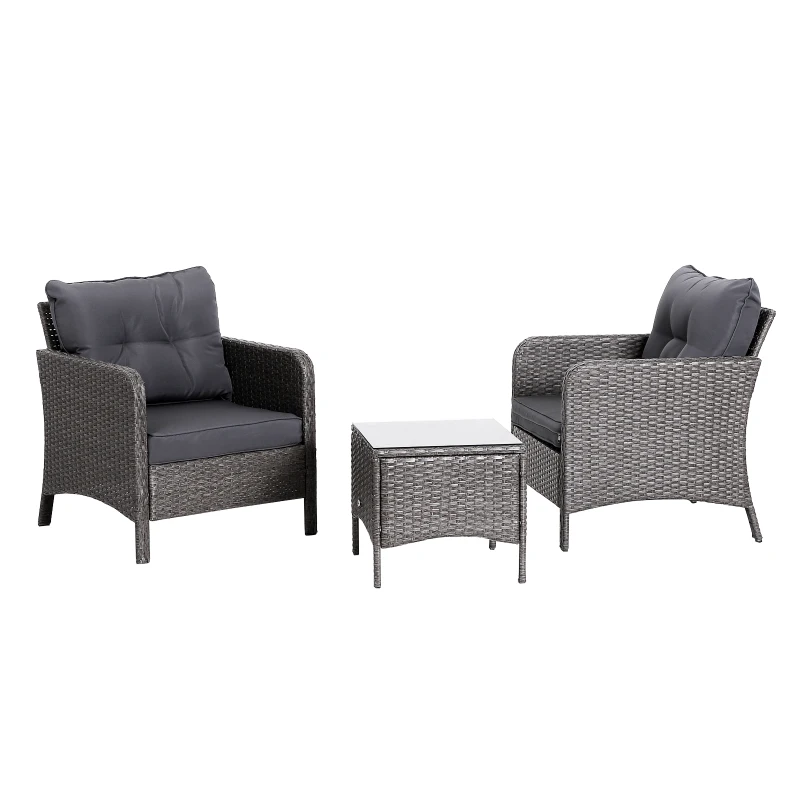 Outsunny Conjunto Muebles Ratán de Jardín Exterior 5 Pcs Sillón Mesa de Café y Taburete Reposapiés Cojín Incluido Marco Acero Color Gris