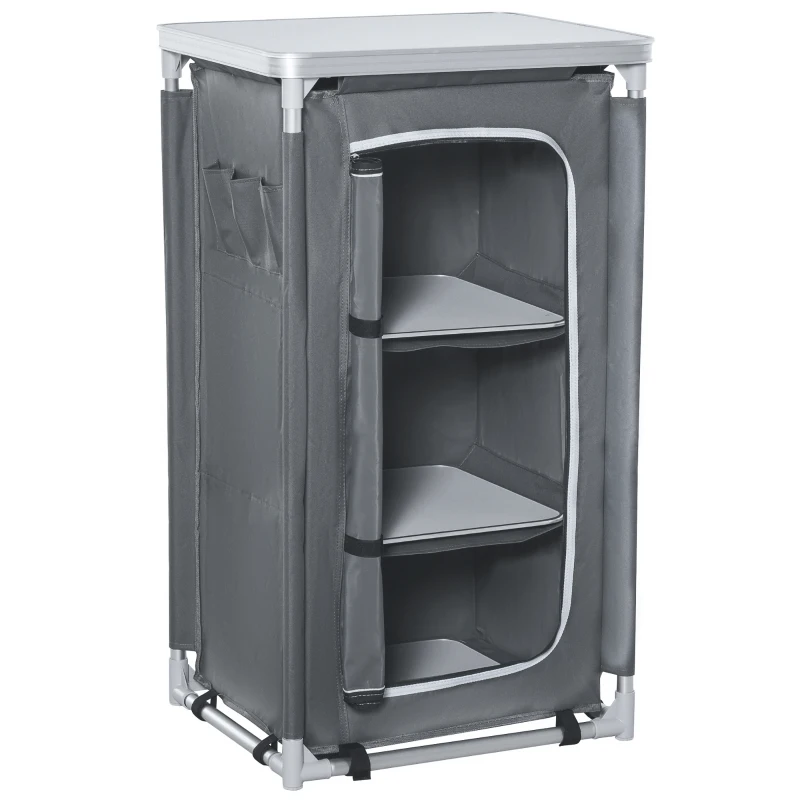 Outsunny 3-Shelf Camping Cupboard Camping Kitchen Station Cook Table, Storage Organiser for BBQ Party Picnics Backyards with Carrying Bag, Grey