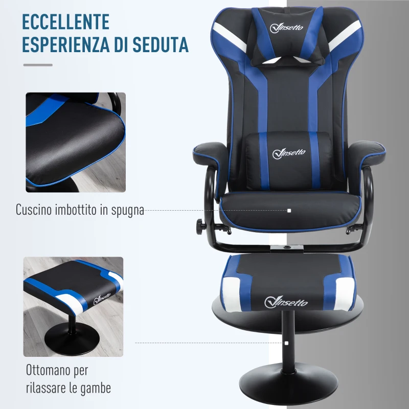 Vinsetto Set 2 Pezzi Poltrona Gaming Reclinabile Inclinabile a 130° con Sgabello Poggiapiedi, Nero e Blu Scuro