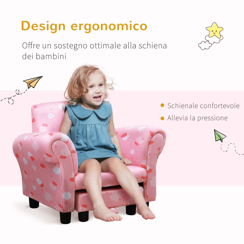 HOMCOM Poltroncina per Bambini con Poggiapiedi Estraibile, Struttura in Legno con Imbottitura, 57x42x45cm, Rosa e Bianco