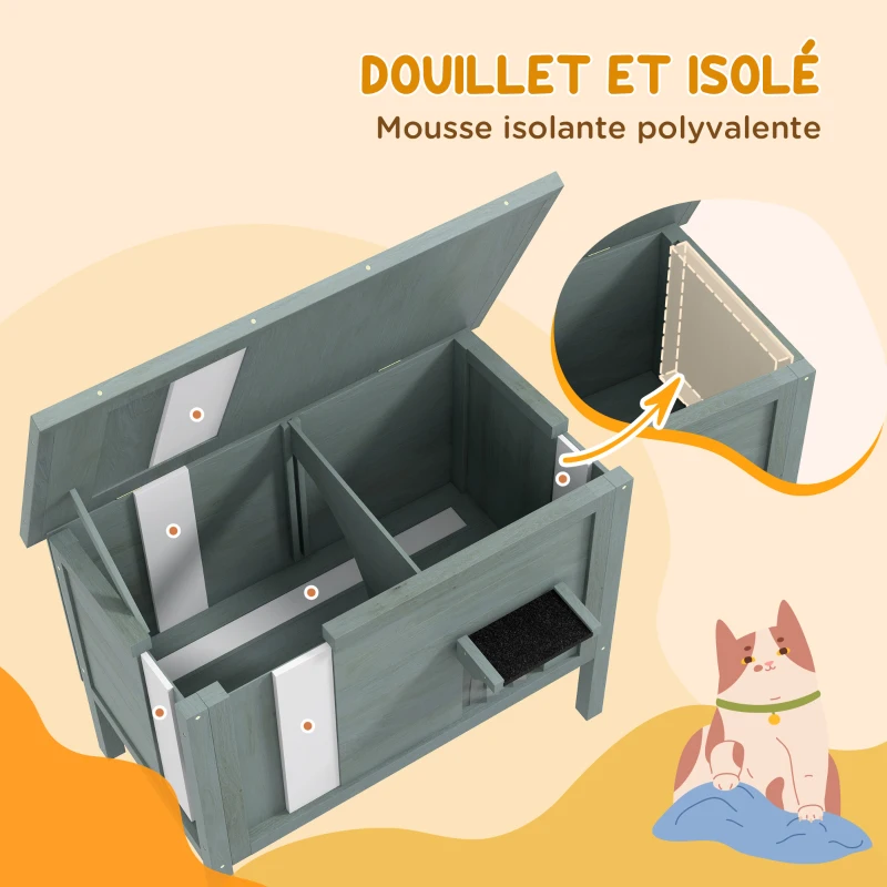 PawHut Maison pour chats niche d'extérieur en bois surélevée avec toit ouvrable isolée  85 x 50 x 68,5 cm gris foncé et noir