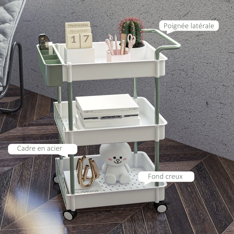 HOMCOM Desserte chariot de rangement en acier à roulettes avec 3 niveaux, 1 boite amovible, poignées dim. 50L x 29,4l x 77H cm