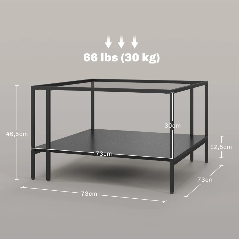 HOMCOM Table basse carrée 2 niveaux avec plateau en verre trempé, 1 étagère, design minimaliste, 73l x 73P x 46,5H cm, noir