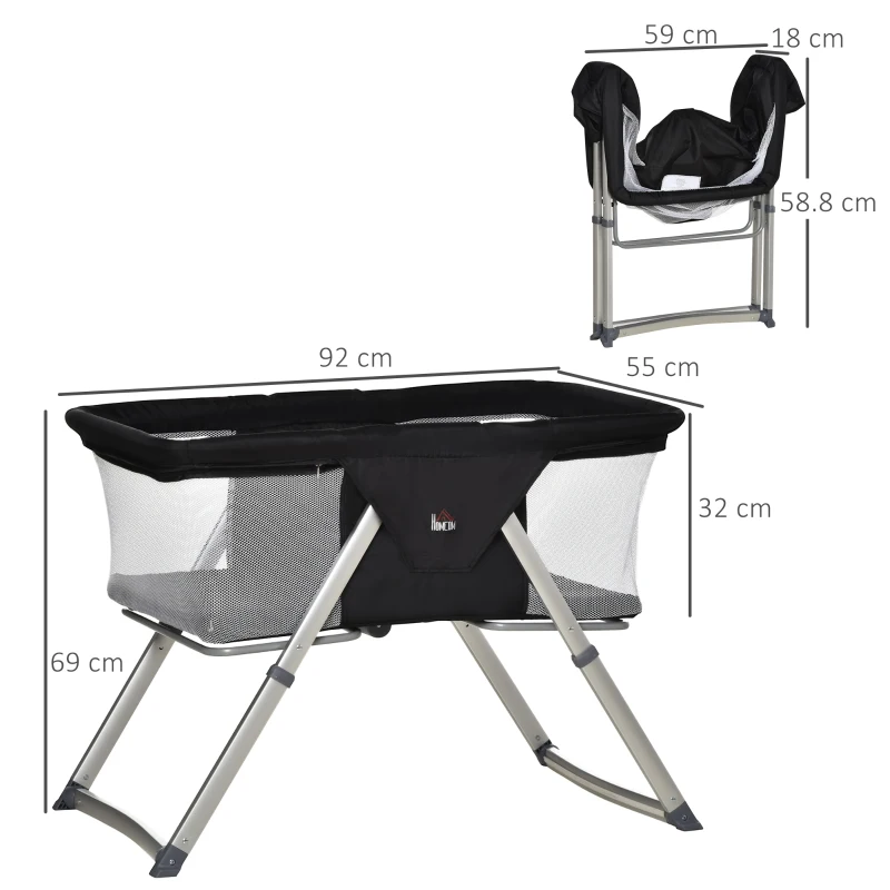 HOMCOM Culla da Campeggio 2 in 1 Pieghevole con Lettino a Dondolo e Zanzariera Età 0-6 Mesi, 59x55x67-69 cm, Nero