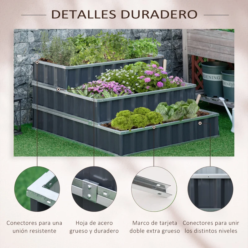Outsunny Huerto Urbano de 3 Niveles de Jardín Acero 118x118x62 cm Arriate de Escalera para Cultivos Plantas Flores para Terraza Exterior Gris