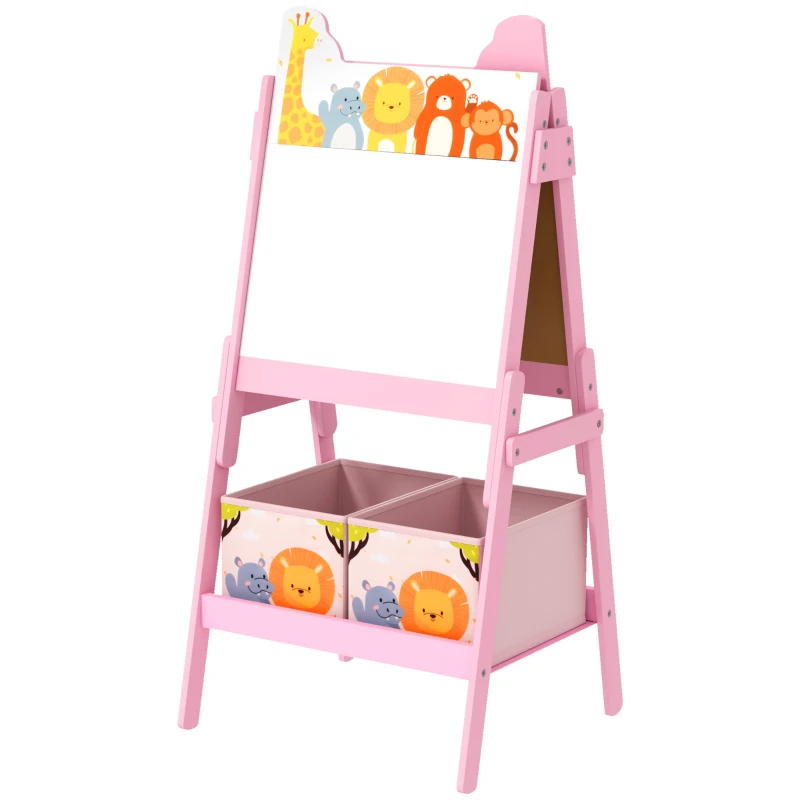 AIYAPLAY Cavalletto Artistico per Bambini 3-8 Anni con Lavagna a 2 Lati e 2 Cestini Contenitori, in Legno, 53.5x49x113 cm, Rosa