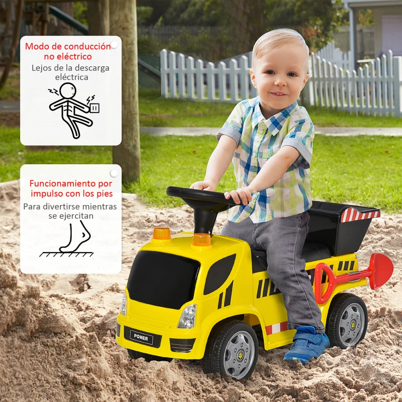 HOMCOM Coche Correpasillos para Bebés de +18 Meses Tipo Camión con Música Faros Caja Abatible y Pala Vehículo sin Pedales de Juguete 72x28,2x42 cm Amarillo