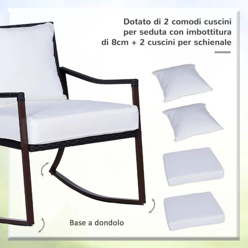 Outsunny Set 2 Sedie a Dondolo da Giardino con Tavolino con Cuscini Esterno Rattan Marrone