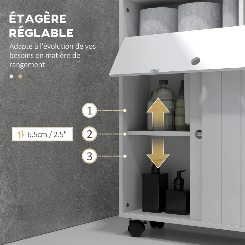 kleankin Meuble de rangement toilette salle de bain avec rangement papier toilette sur roulettes - 52 x 17 x 67 cm blanc(m-6)