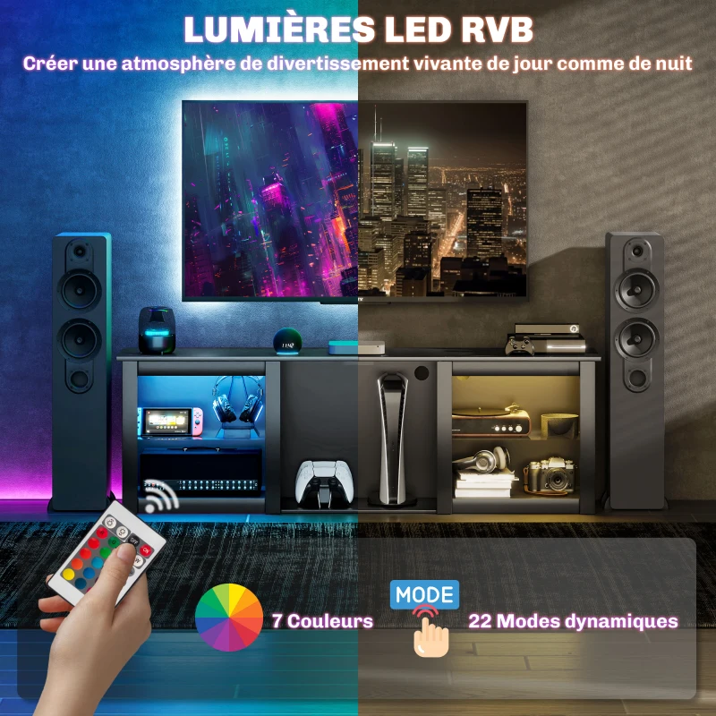 HOMCOM Meuble TV avec éclairage LED pour télévision jusqu'à 65 pouces, 160cm avec étagères en verre réglables, noir