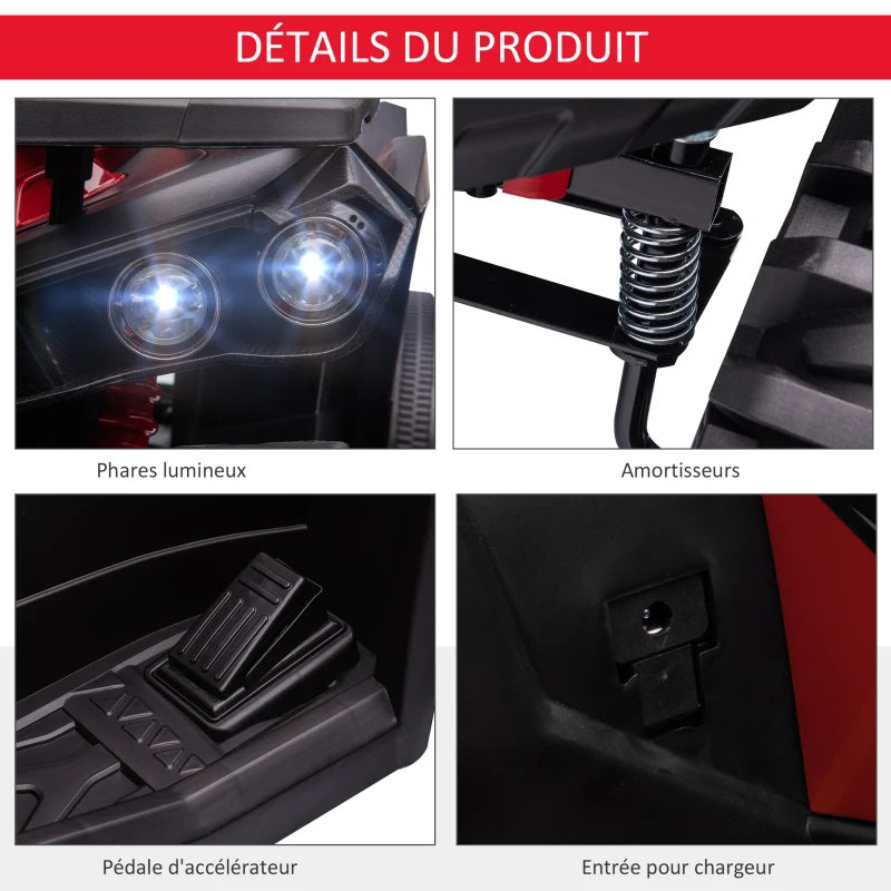 HOMCOM Quad Buggy électrique Enfant 12 V 8 Km/h Max. Voiture électrique Enfant avec Effets Lumineux sonores Selle avec Dossier Porte-Bagage Avant métal PP Rouge Noir(m-7)