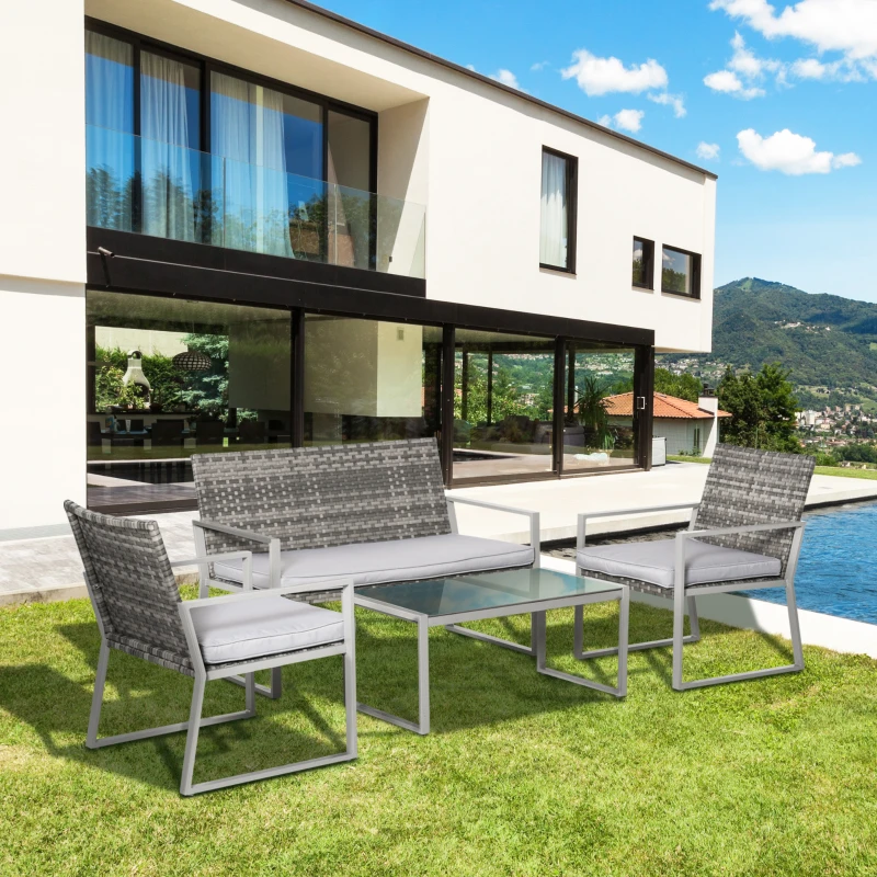 Outsunny 4PC Rattan Garden Furniture Set 2 Single Sofa Arm Chairs 1 Bench with Cushions & Coffee Table Patio Backyard Wicker Weave