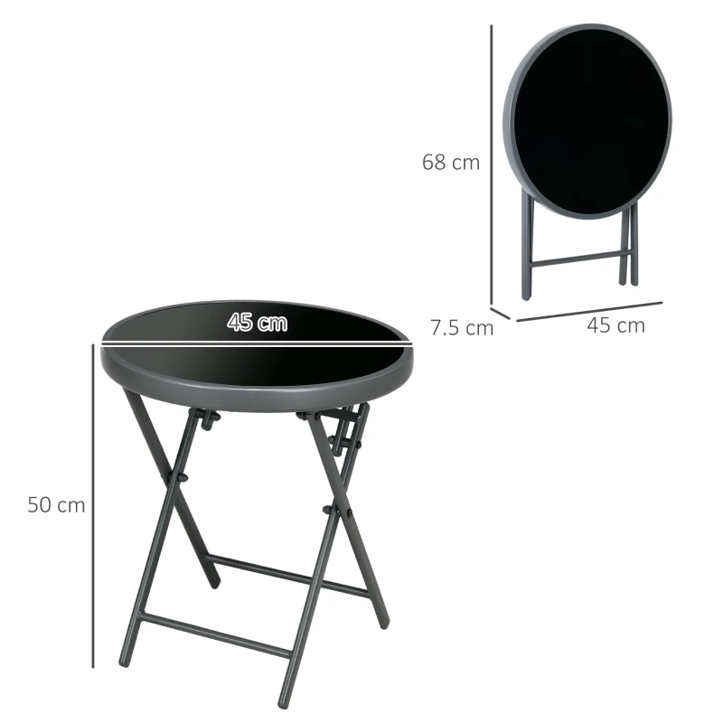 Outsunny Φ45cm Garden Side Table, Outdoor Round Folding Patio Table with Imitation Marble Glass Top, Small Coffee Table, Black