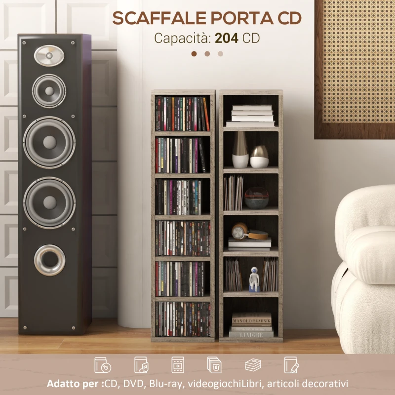 HOMCOM Set di 2 Scaffali Porta CD con Mensole Regolabili per 204 CD, 21x22.5x88.5 cm, Grigio