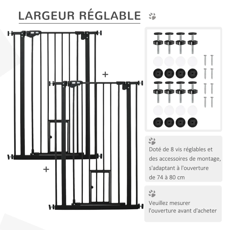 PawHut Lot de 2 barrières de sécurité animaux de 104H cm avec système de double verrouillage sans percage de 74 à 80 cm
