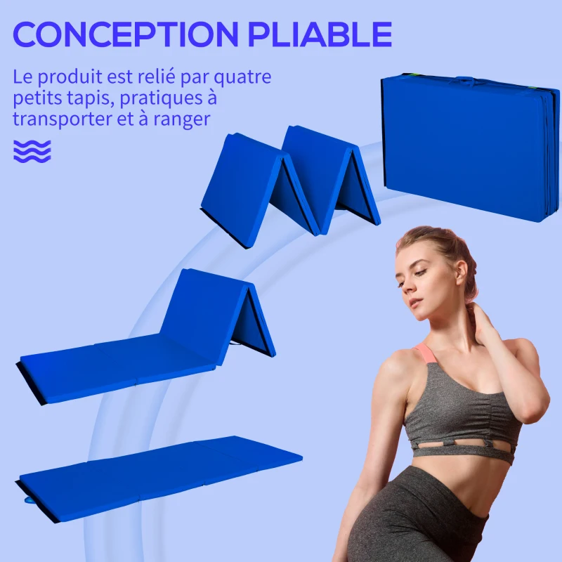 HOMCOM Tapis de sol gymnastique Fitness pliable portable rembourrage mousse 5 cm grand confort revêtement synthétique dim. 2,88L m x 1,15l m bleu