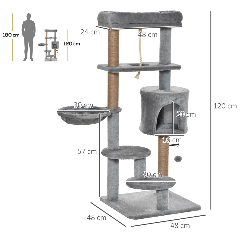 PawHut Árbol Rascador para Gatos Altura 120 cm Torre de Gatos con Plataformas Cueva Hamaca Postes de Yute 48x48x120 cm Gris