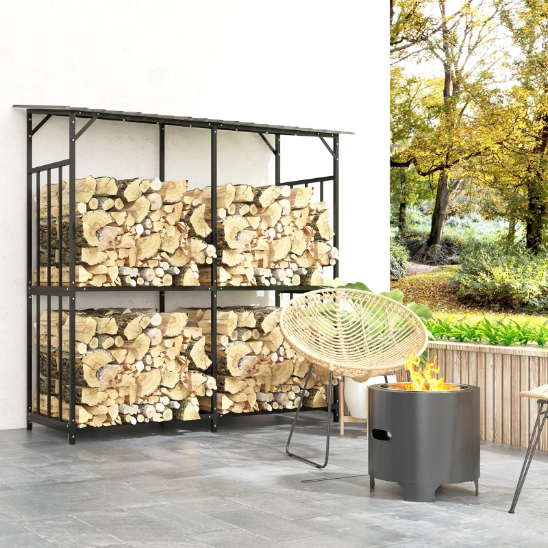 Outsunny Abri à bois en acier galvanisé à 2 niveaux, rack de rangement pour bûches avec toit métal, 186 x 75 x 185 cm