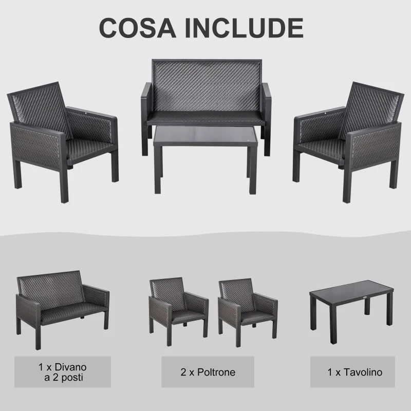 Outsunny Salotto da Giardino con Divano da Esterno e Tavolino, Mobili da Giardino in Rattan Sintetico, Set 4 Pz, Grigio