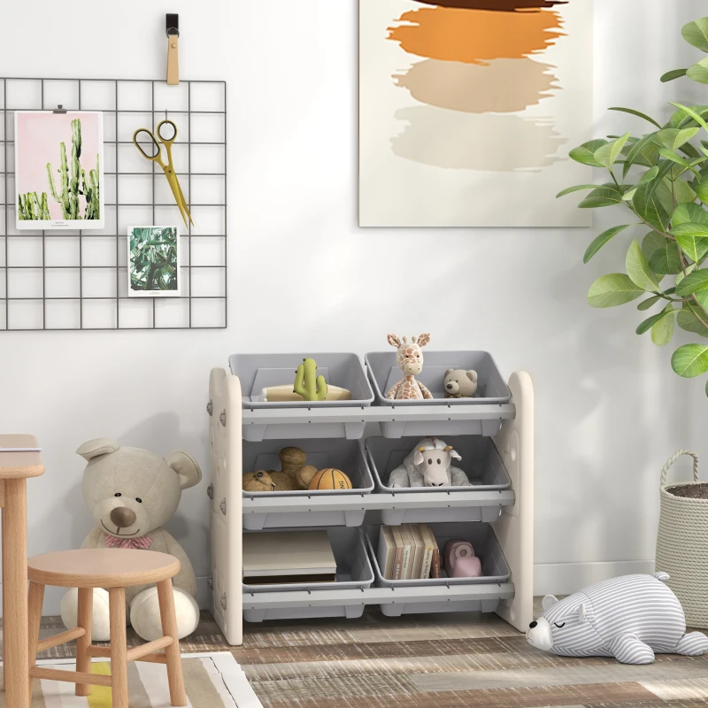 AIYAPLAY 3 Tier Kids Toy Storage Units with 6 Storage Boxes, 76 x 37 x 60cm, Grey