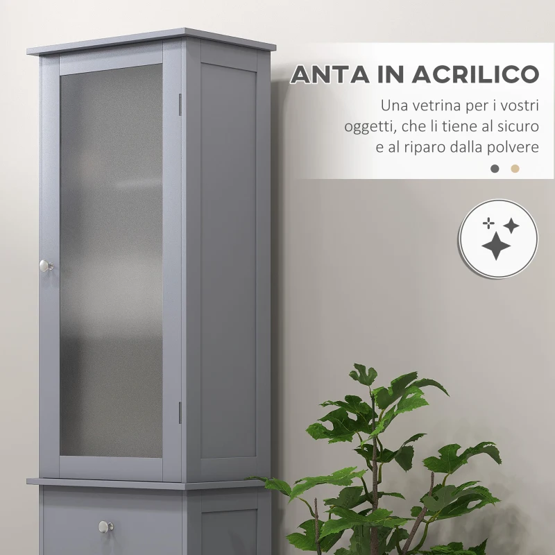 kleankin Mobile Colonna Bagno Salvaspazio con Armadietto, Cassetto e Ripiani in MDF, 40x27x171.5cm, Grigio