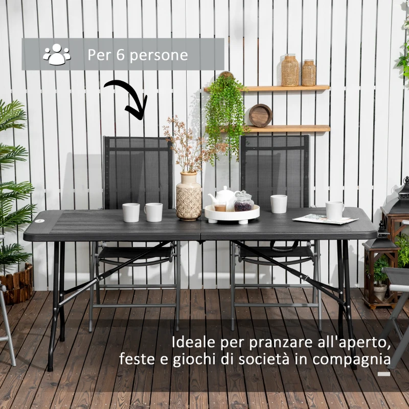 Outsunny Tavolo da Giardino Pieghevole per 6 Persone in Acciaio e HDPE, 180x75.5x73cm, Grigio Scuro