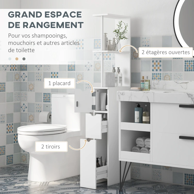 HOMCOM Meuble colonne salle de bain armoire de salle de bain avec tiroirs étagères ouvertes placard 15 x 33 x 136,5 cm blanc
