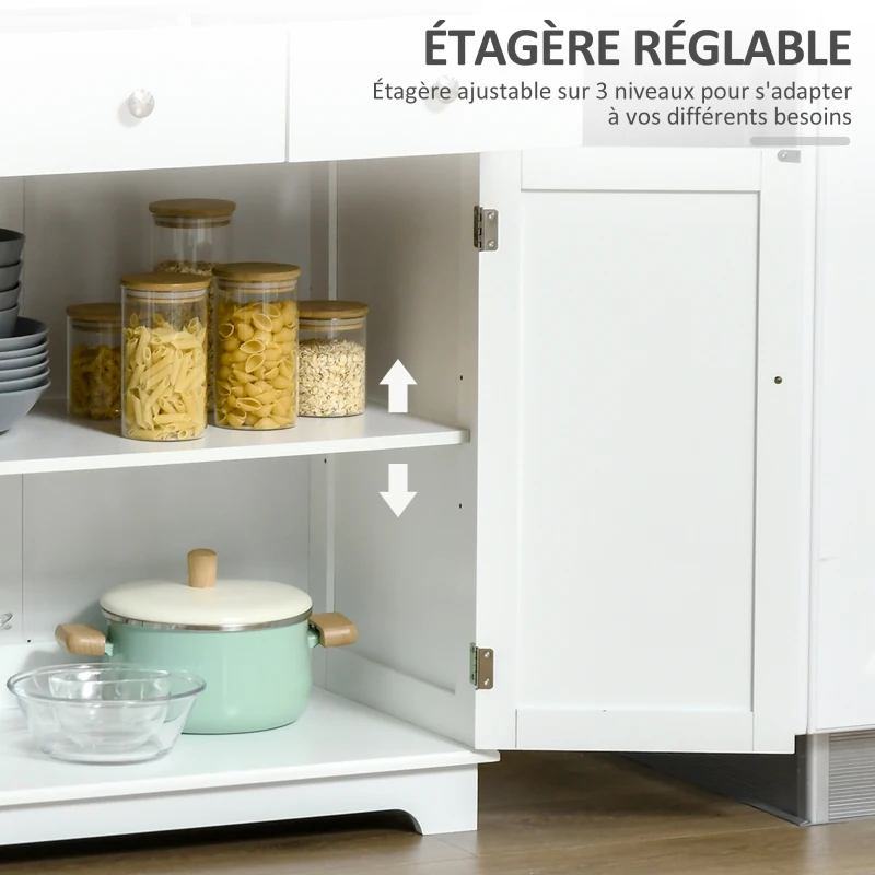 HOMCOM Meuble de rangement buffet salon avec placards à portes, 2 tiroirs et étagère réglable, armoire de rangement pour salon, cuisine, chambre, blanc et bois naturel