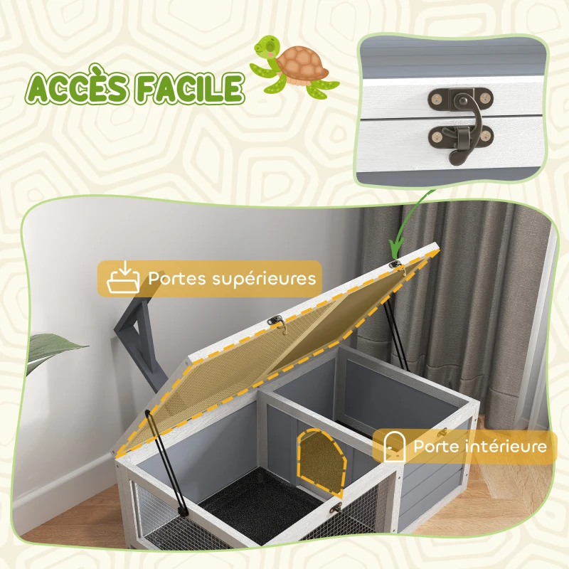 PawHut Maison enclos cage pour petit animal tortue avec 2 espaces support de lampe 81 x 48 x 31,5 cm gris
