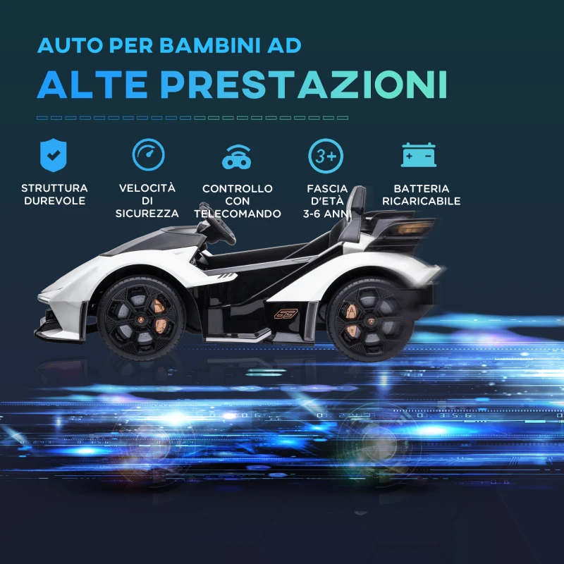 HOMCOM Macchina Elettrica per Bambini Lamborghini con Telecomando, Fari LED e Musica, Età 3+ Anni, Bianco