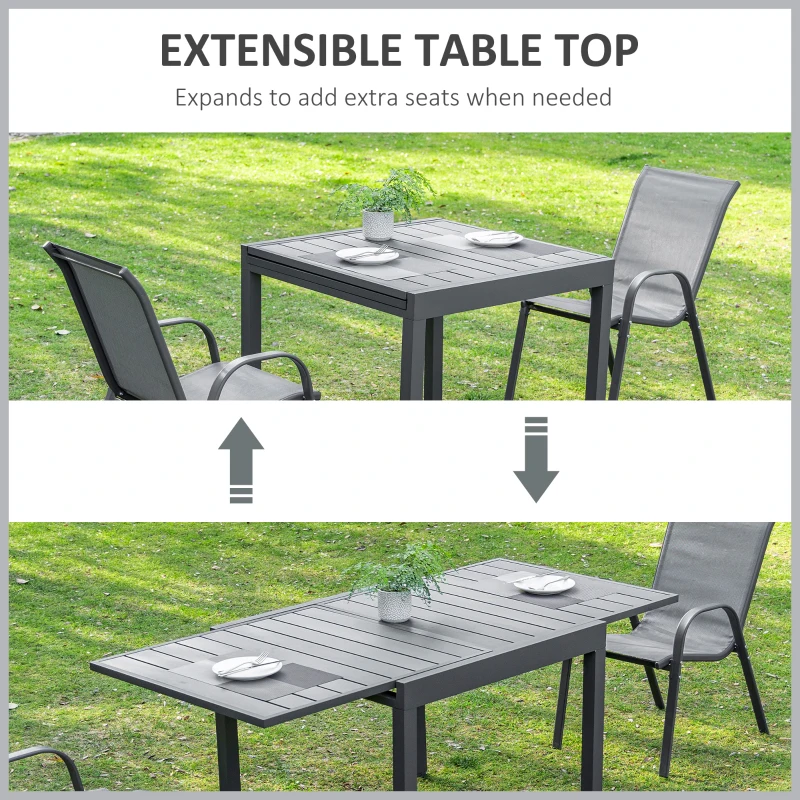 Outsunny Extendable Dining Table Outdoor Slat Table for 4-6 Person Rectangular Lawn Garden Bistro Patio Table with Aluminium Frame, 90-180cm x 90cm x 73cm, Grey