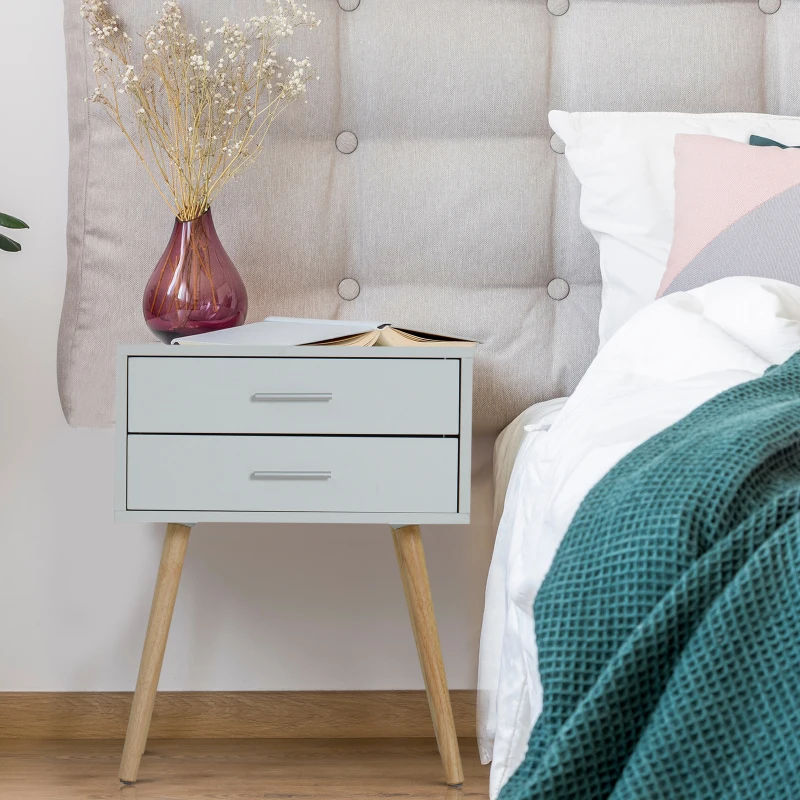HOMCOM Table de chevet table de nuit design scandinave 48L x 40l x 60H cm 2 tiroirs pieds effilés inclinés bois massif panneaux particules blanc