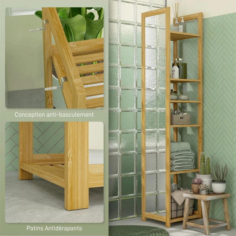 HOMCOM Meuble colonne de salle de bain à 6 niveaux en bambou avec miroir, 6 étagères, naturel, 35L x 35l x 168H cm