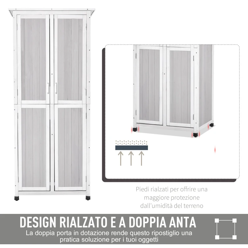 Outsunny Casetta Porta Attrezzi in Legno di Abete a 3 Livelli con Tetto in Bitume, 77x58x175 cm, Grigio