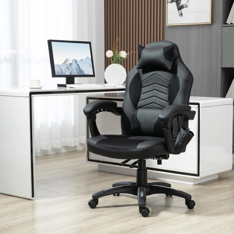 HOMCOM Sedia Poltrona da Ufficio Massaggiante e Riscaldante Design Ergonomico Reclinabile Ecopelle 68L×69P×(108-117)Acm Nera
