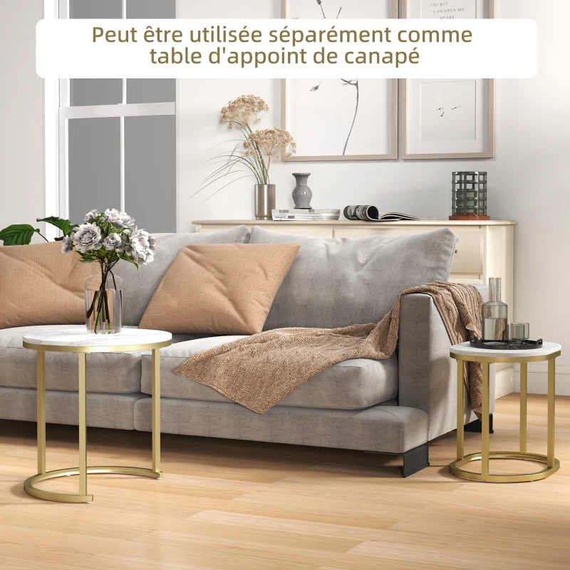 HOMCOM Lot de 2 tables basses tables d'appoint gigognes encastrables structure en acier et plateau en bois aspect marbre or