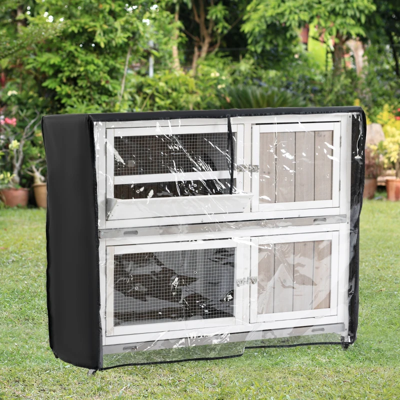 PawHut Wooden Pet Hutch, Two-Tier Cage with Rain Cover, Wheels, White