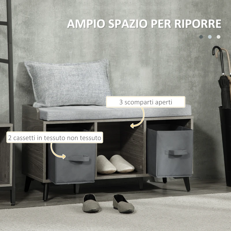 HOMCOM Mobile Scarpiera da Ingresso in Truciolato e Metallo con 3 Ripiani Aperti, 2 Cassetti e Seduta imbottita, 90x34x48 cm, Grigio