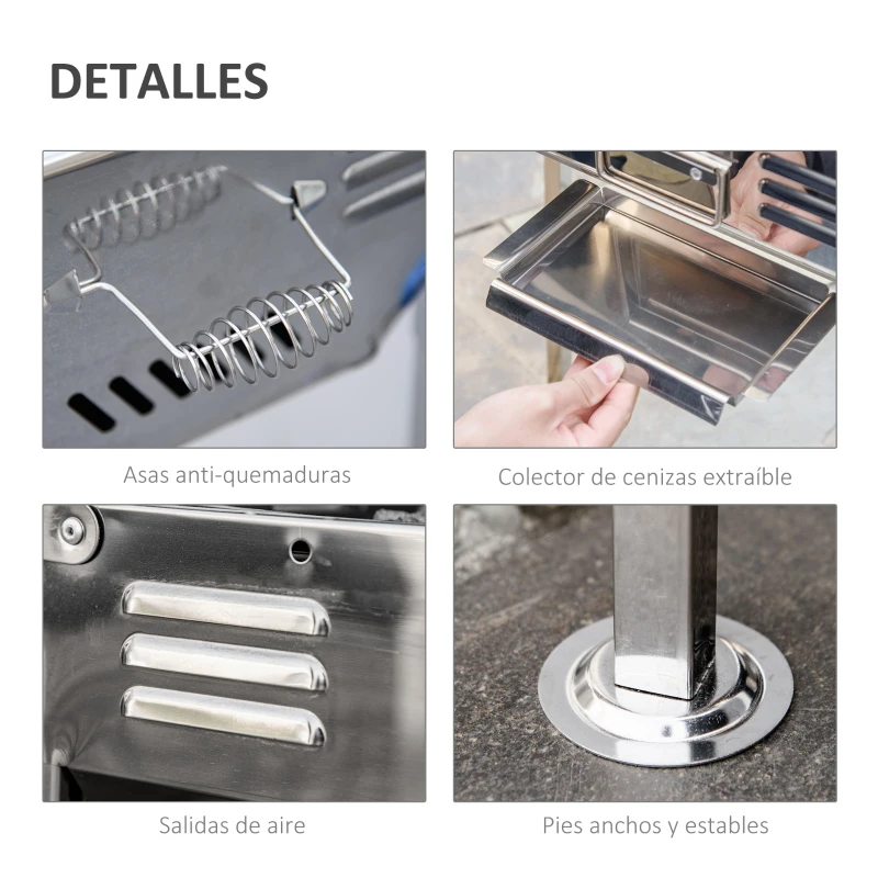 Outsunny Barbacoa de Carbón de Acero Inoxidable Portátil con Altura Ajustable 2 Estantes Plancha y Parrillas al Aire Libre para BBQ Camping Picnics 120x31x60-70 cm Plata