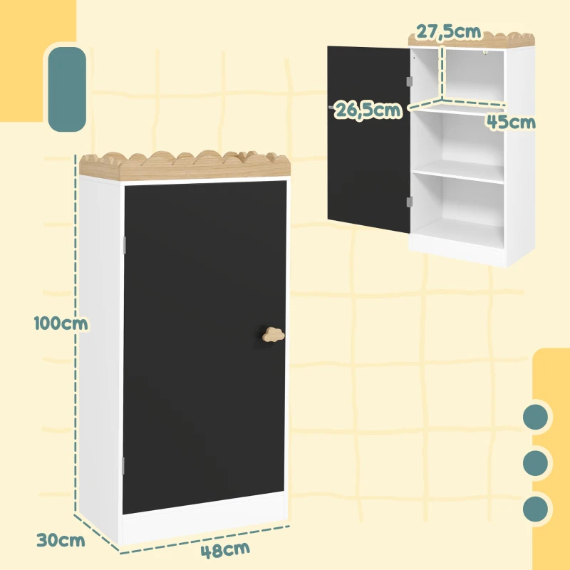 AIYAPLAY Meuble rangement enfant, rangement jouet enfant avec porte en tableau noir, 3 casiers et plateau supérieur, blanc